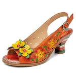 Socofy Retro Yellow Flower Hand-Painting Comfy Buckle Heeled Sandals