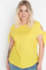 Trendyol Curve Yellow Knitted T-Shirt with Tie Collar Detail