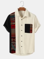 Mens Ethnic Asymmetric Block Buttons Short Sleeve Shirts