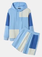 Mens Colorblock Patchwork Drawstring Hoodie Preppy Two Pieces Outfits
