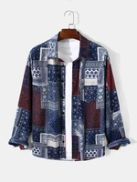 Mens Scarf Overlap Printed Chest Pocket Long Sleeve Shirts