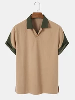 Mens Contrast Patchwork Johnny Collar Corduroy Short Sleeve Golf Shirts