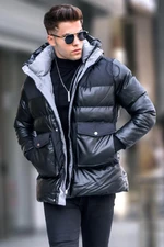 Madmext Black Hooded Puffy Coat With Pocket Detailed 5744