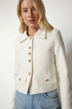 Happiness İstanbul Women's Cream Stylish Button Detailed Tweed Crop Jacket