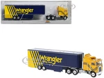 1980 Kenworth K-100 COE Aerodyne Transporter Yellow and Blue "Wrangler Racing Team" 1/87 (HO) Scale Model Car by Brekina