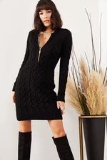 Olalook Dámske čierne vlasy na zips pletené sveter šaty