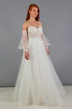 Carmen Tulle Low Sleeve Engagement Party Evening Dress in Ecru