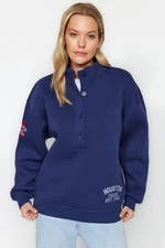 Trendyol Navy Blue Thick Fleece Embroidery and Button Detail High Neck Oversize Knitted Sweatshirt