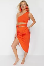 Trendyol Orange Fitted Knitted Cut Out/Window One-Shoulder Blouse Skirt Suit