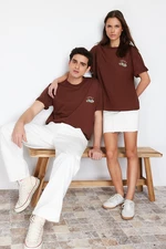 Trendyol Brown Oversize Mushroom Embroidery 100% Cotton T-Shirt