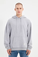 Trendyol Basic Gray Men's Oversize/Wide Cut Hooded Labeled Fleece Inside Cotton Sweatshirt