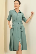 By Saygı Front Buttoned Sleeve Fold Waist Belted Pocket Dress