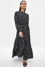 Trendyol Black Belted Skirt Flounced Floral Patterned Lined Woven Dress