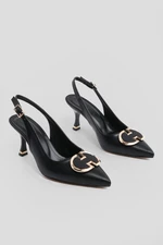 Marjin Women's Pointed Toe Buckle Thin Heel Open Back Classic Heel Shoes Aver Black