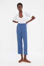 Trendyol Granatowe tkane spodnie o prostym kroju z wysokim stanem i elastyczną talią