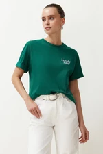 Trendyol Emerald Green 100% Cotton Slogan Printed Relaxed/Comfortable Fit Pocket Detail Knitted T-Shirt