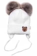 Dětská zimní čepice s fleecem Teddy Bear - chlupáčk. bambulky - bílá, šedá, BABY NELLYS, vel. 56-68 (0-6 m)