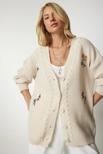 Happiness İstanbul Women's Cream Floral Embroidery Textured Knitwear Cardigan