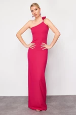 Trendyol Limited Edition Pink Long Evening Dress with Rose Accessories Sitting on the Body