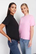 Trendyol Pink-Black 2-Pack 100% Cotton Basic High Neck Knitted T-Shirt