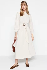 Trendyol Linen-Looking Woven Dress with Stand-up Collar in Ecru with a Belt