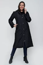 By Saygı Carrying Hooded Fur Inside With Pocket Diamond Patterned Plus Size Coat Black