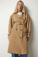 Happiness İstanbul Women's Camel Double-breasted Collar Belted Trench Coat