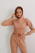 BİKELİFE Women's Beige Raised Three Thread Corset Detail Crop Sweat Tracksuit Set