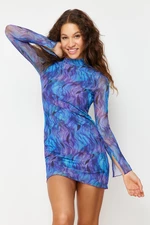 Trendyol fialové vysoký výstřih s potiskem volánky / umístěné tylové lemované mini pletené šaty