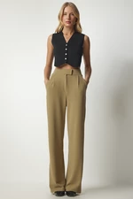 Happiness İstanbul Women's Light Khaki Velcro Waist Comfortable Woven Trousers