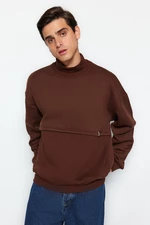 Trendyol Limited Edition Men's Brown Oversized/Wide-Cut Stand-Up Collar Loose Fleece Sweatshirt with Label.