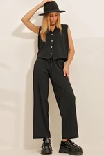 Trend Alaçatı Stili Women's Black V-Neck Gold Button Detailed Vest And Pants Double Suit Trend Alaçatı Stili Women's Black V-Neck Gold Button Detailed Vest And Pants Double Suit