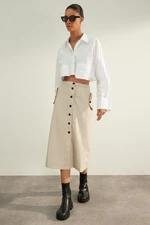 Trendyol Beige Premium High Quality Parachute Fabric Buttoned Pocket Detail Midi Woven Skirt
