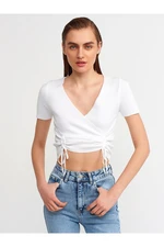 Dilvin 10194 Double Breasted Collar Front Gathered Knitwear Crop-ecru