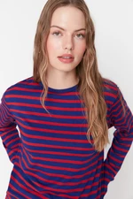 Trendyol Red-Navy Blue Striped Regular/Normal Pattern Basic Crew Neck Knitted T-Shirt