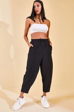 XHAN Women's Black Elastic Waist Slouchly Trousers