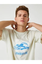 Koton Men's Ecru Wave Printed T-Shirt Cotton