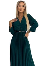 Pleated maxi dress with neckline, belt and 3/4 sleeves Numoco