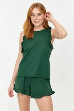 Trendyol smaragdovo zelená 100% bavlna s volánikmi detailné tielko-šortky pletené pyžamo set