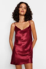Trendyol Premium Burgundy Satin Heart Patterned Degaje Collar Strap Woven Nightdress