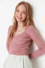 Trendyol Dried Rose V-Neck Crop Knitwear Sweter