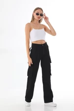 BİKELİFE Women's Black High Waist Multi-Pocket Strap Detail Straight Fit Cargo Pants