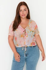 Trendyol Curve Multicolored Short Knitted Tulle Blouse with Lace-up Detail