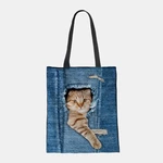 Women Canvas Breaking Hole Denim 3D Cute Cat Dog Pattern Casual Outdoor Handbag Shoulder Bag Tote