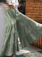 Women Floral Print Wide Flare Leg Pants Bohemian High Waist Culottes Skirt