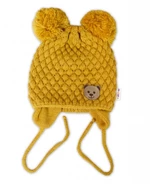 Zimní pletená čepice Teddy Bear na zavazování, hořčicová, Baby Nellys, vel. 68-80 (6-12m)