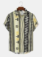 Mens Ethnic Wave Icon Printed Front Buttons Short Sleeve Shirts