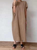 Solid Pocket Cotton Round Neck Casual Maxi Dress