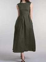 Solid Ruched Sleeveless Zip Casual Cotton Maxi Dress