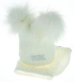BABY NELLYS Zimní čepička s komínkem - chlupáčkové bambulky - bílá, vel. 80-92 (12-24m)